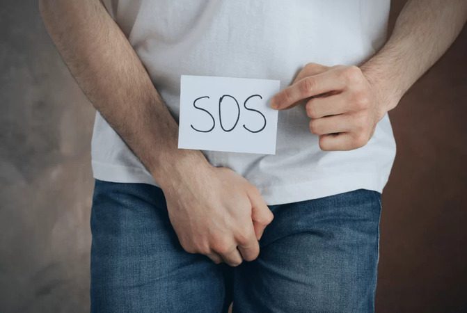 Homem segurando uma placa de SOS