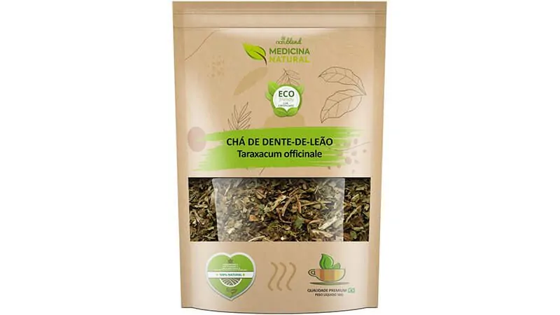 imagem com a embalagem de chá de dente-de-leão
