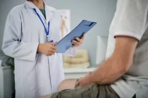 Médica analisando a contagem de linfócitos altos