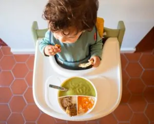 criança comendo em cadeira de alimentação