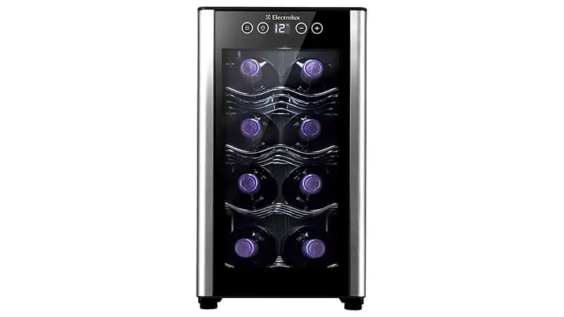 uma adega de vinho vertical com a porta fechada