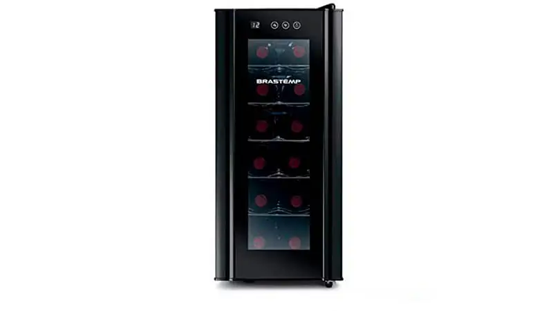 uma adega de vinho vertical com a porta fechada
