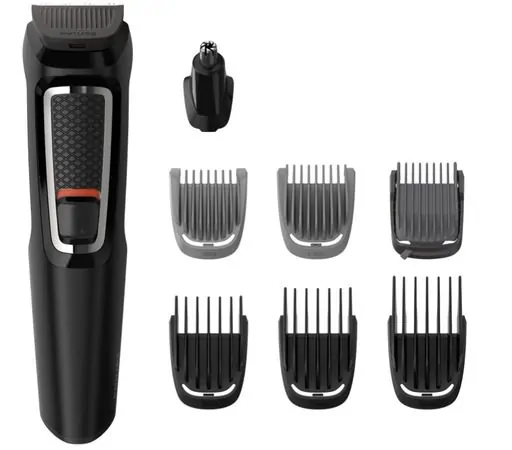 Imagem do aparador de pelos Philips na cor preta e seus pentes