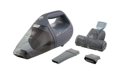imagem de um aspirador de pó para carros BLACK+DECKER Dustbuster na cor cinza com reservatório semitransparente ao lado de três bicos extra