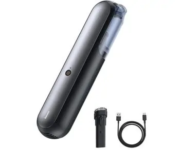 imagem de um aspirador de pó portátil para carros Baseus A1 na cor cinza ao lado de um bico extra e cabo USB