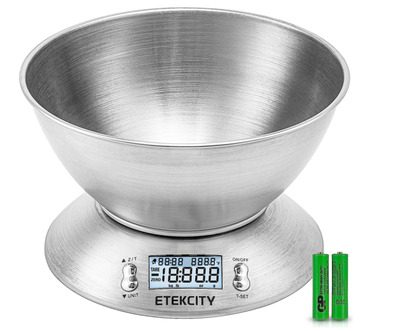 foto de uma balança de cozinha de aço inoxidável da Etekcity com uma tigela em cima