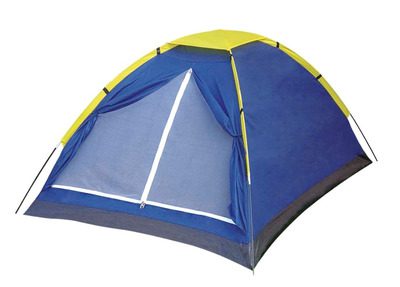 imagem de uma barraca de camping IGLU na cor azul com sobreteto amarelo