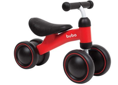 imagem de uma bicicleta de equilíbrio com quadro rodas da BUBA na cor vermelha e preta