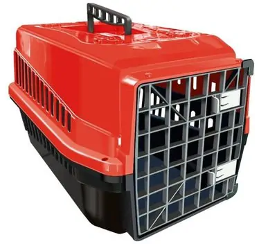 imagem de uma caixa de transporte pet Mec Podyum nas cores vermelho e preto