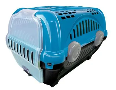 imagem de uma caixa de transporte Furacão Pet Podyum nas cores azul e preto