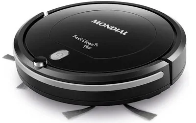 imagem de um robô aspirador de pó da Mondial na cor preta