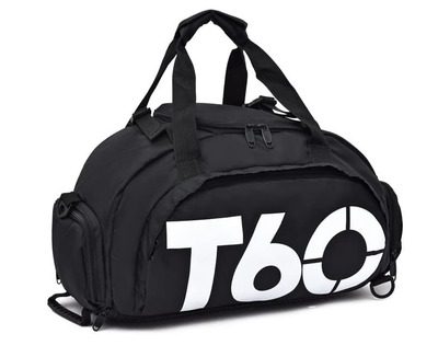 foto da bolsa de viagem preta com escrito T60 da A&A