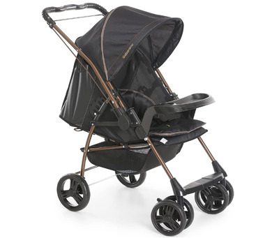 imagem de um carrinho de bebê da Galzerano na cor preta com detalhes em cobre
