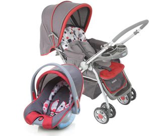 imagem de um carrinho de bebê da Cosco na cor cinza com detalhes em vermelho