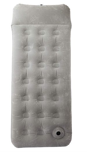 imagem de um colchão inflável de solteiro Coleman na cor cinza com superfície aveludada e travesseiro embutido