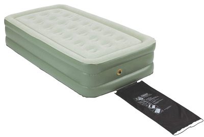 imagem de um colchão inflável de solteiro Coleman nas cores cinza e verde com superfície aveludada