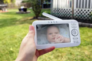 Mulher olhando o bebê através de um monitor.