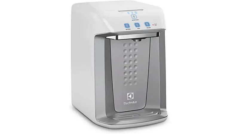Purificador de Água Electrolux imagem de um purificador de água Electrolux PA21G na cor branca com detalhes na cor cinza
