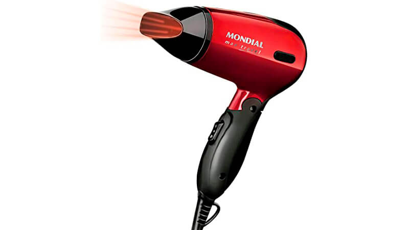 imagem do secador de cabelo Mondial Max Travel preto com detalhes vermelhos
