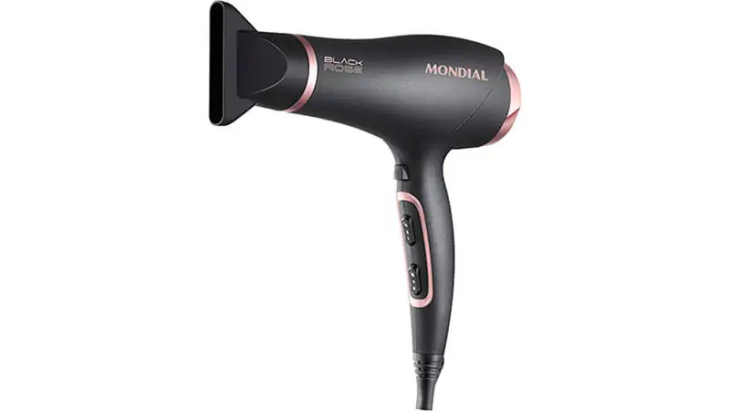 Secador de Cabelo Mondial Black Rose imagem do secador de cabelo Mondial Black Rose preto com detalhes rosa