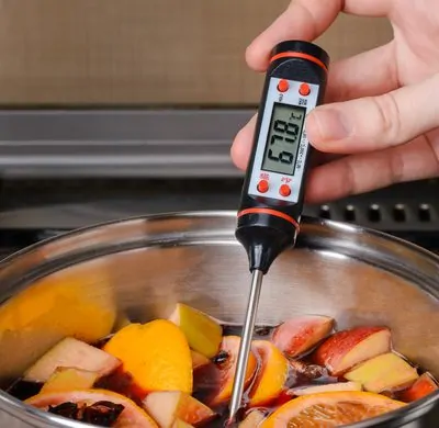 Pessoa utilizando um termômetro culinário para preparar um prato