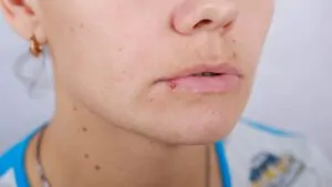 imagem de uma mulher com herpes labial